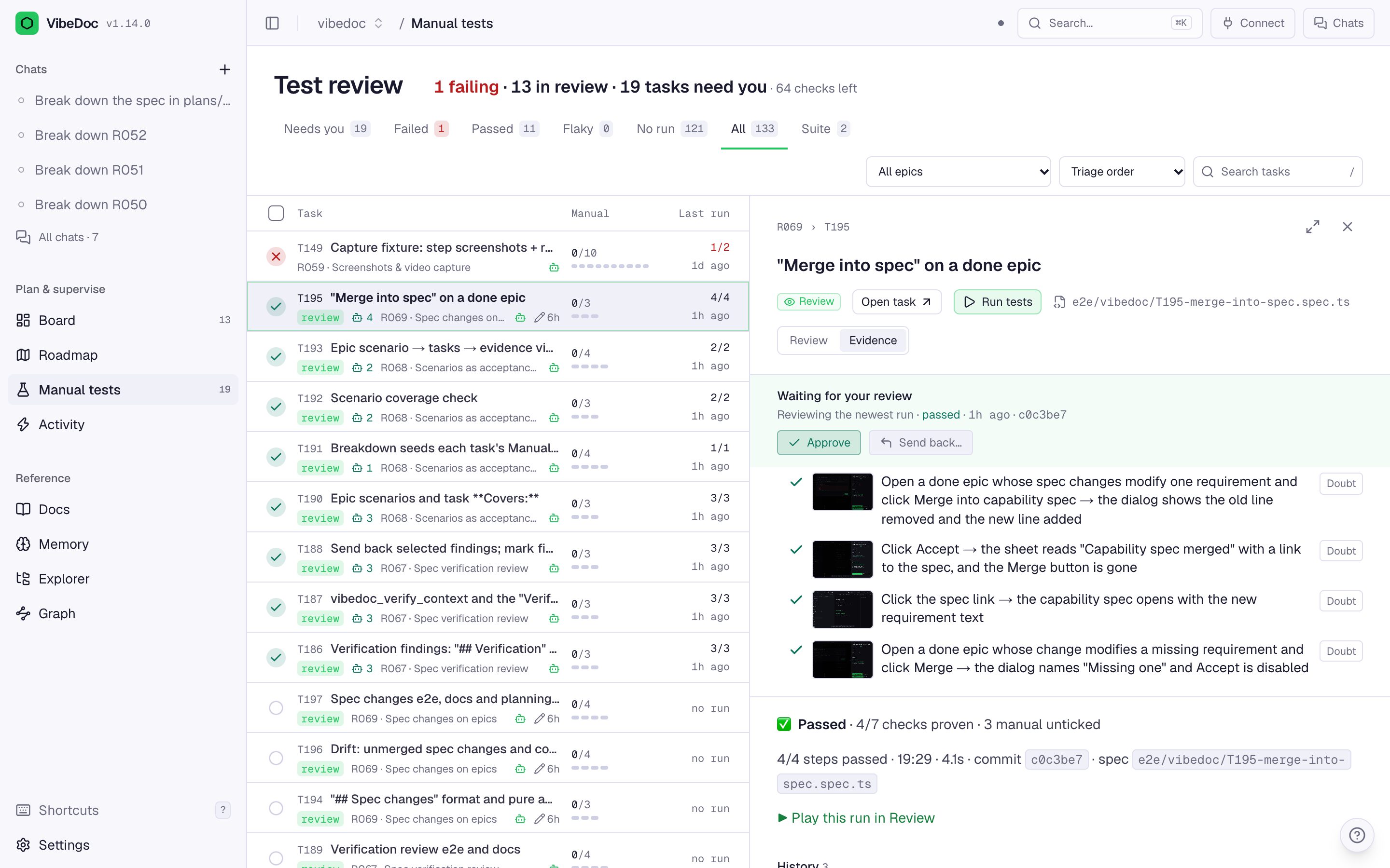 Test review showing a task's evidence